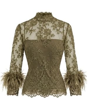 Gemy Maalouf Top De Encaje Con Ribete De Plumas - Verde