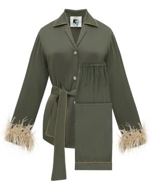 Sleeper Miss Cat Belted Feather-Trim Pyjama Set - Green