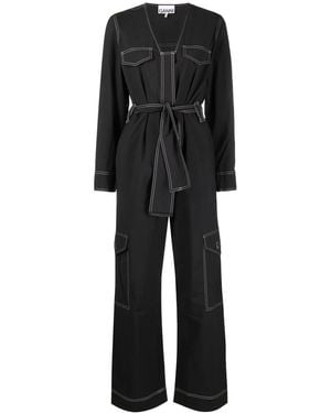 Ganni Belted Contrast-Stitch Jumpsuit - Black