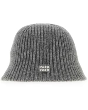 Miu Miu Ribbed-Knit Bucket Hat - Grey