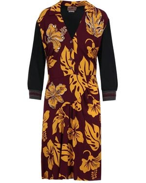 Prada Floral-Print Gathered-Panel Midi Dress - Black