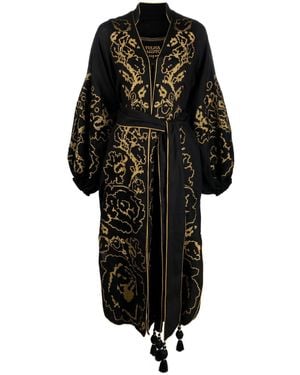 Yuliya Magdych Floral-Embroidered Belted Dress - Black