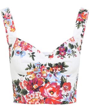 Dolce & Gabbana Dolce & Gabbana Stretch Cotton Blend Flower Bouquet-Print Bustier Top - Red