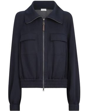 Brunello Cucinelli Cotton And Silk Interlock Cardigan With Shiny Zipper Pull - Blue