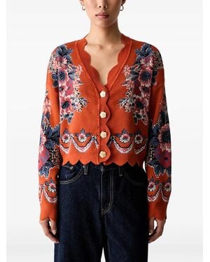 FARM Rio Floral-Intarsia Scallop-Edge Cardigan - Red