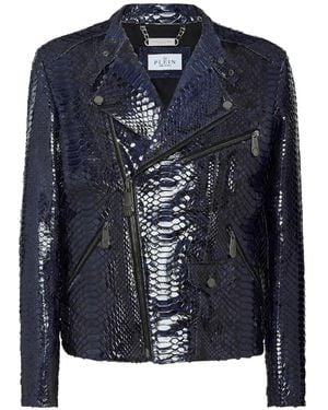 Philipp Plein Python-Leather Biker Jacket - Blue