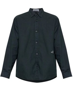 Stone Island 1100004 Organic Cotton Oxford Comfort-Fit Long-Sleeve Shirt With Logo Embroidery - Blue