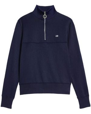 Ami Paris Striped Short-Zip Pullover Sweatshirt - Blue