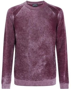 Emporio Armani Ribbed Virgin Wool Sweater With Mélange Print - Purple