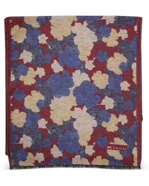 Kiton Floral-Print Logo Scarf - Blue
