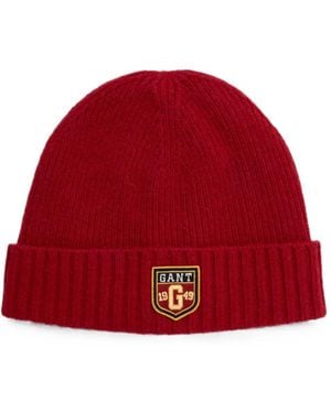 GANT Logo-Patch Ribbed-Knit Beanie Hat - Red