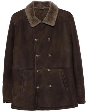 Barba Napoli Double-Breasted Fur-Collar Jacket - Brown