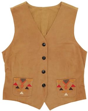 Fortela Embroidered Pocket Chamois Leather Waistcoat - Brown