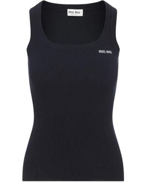 Miu Miu Logo-Embroidered Ribbed-Knit Tank Top - Black