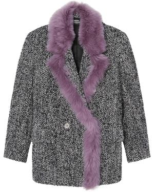 Versace Shearling-Trim Chevron Pea Coat - Gray