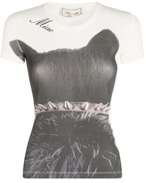 Blumarine Cat-Print Fine-Ribbed T-Shirt - Grey