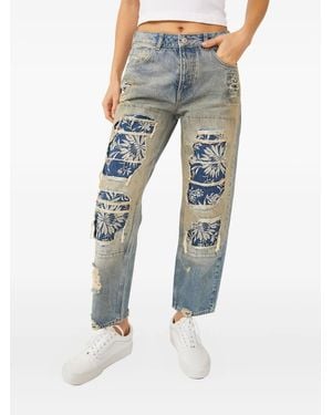Free People Jean À Fleurs Et Effet Usé - Bleu