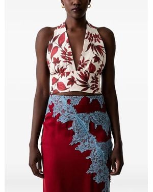 ViCOLO Leaf-Print Halterneck Top - Red