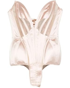 Mugler Satin-Paneled Mesh Corset Bodysuit - Natural