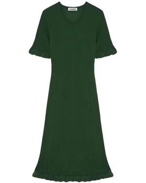 Jil Sander Ruffled-Trim Ribbed-Knit Midi Dress - Green