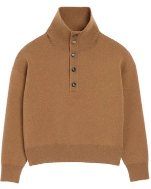 Ami Paris Buttoned High-Collar Sweater - Brown