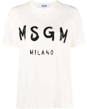 MSGM Logo-Print Cotton T-Shirt - Natural