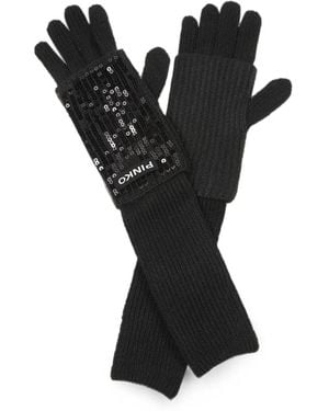 Pinko Sequin-Embellished Ribbed-Knit Gloves - Black