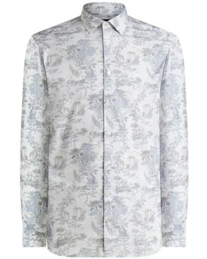 Etro Stretch-Cotton Button-Down Shirt With Flower And Animal-Motif - Gray
