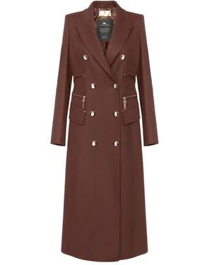 Elisabetta Franchi Enamelled-Button Double-Breasted Coat - Brown