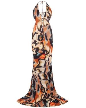Roberto Cavalli Butterfly-Print Lace-Up Maxi Dress - White