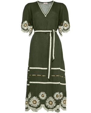 Eres Hortense Floral-Embroidered Linen Dress - Green