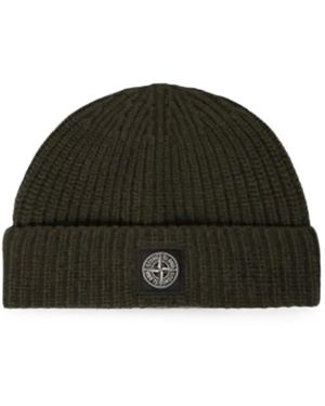 Stone Island Logo-Patch Ribbed-Knit Beanie Hat - Green