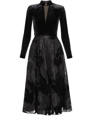 Nissa Embroidered Velvet Midi Dress - Black