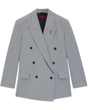 HUGO Double-Breasted Flower Brooch Blazer - Grey