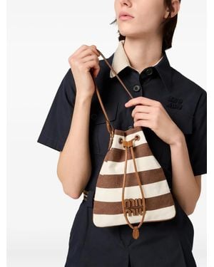 Miu Miu Striped Drawstring Bucket Bag - Black