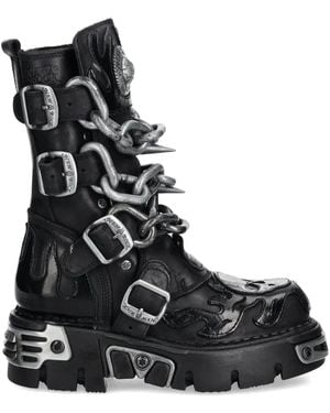 New Rock Flame-Skull Chain Boots - Black