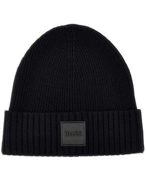 BOSS Logo-Patch Beanie Hat - Blue
