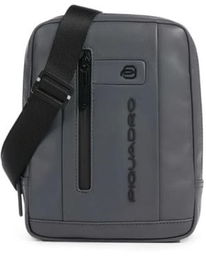 Piquadro Logo-Embossed Leather Messenger Bag - Gray