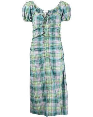 Ganni Checked Seersucker Midi Dress - Blue