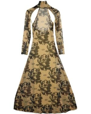 ROKH Floral-Print Cut-Out Dress - Natural