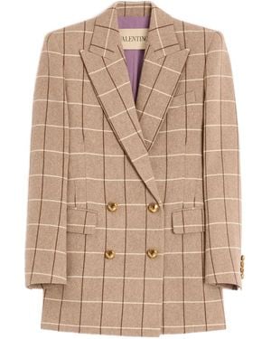 Valentino Garavani Windowpane-Check Double-Breasted Blazer - Natural