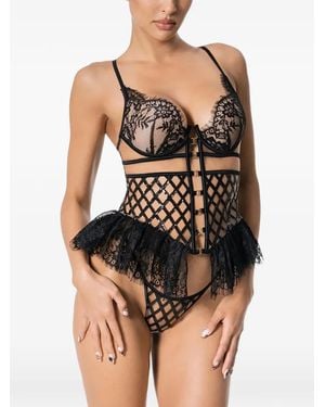 GOD SAVES QUEENS Lace-Trimmed Ruffled Bodysuit - Black