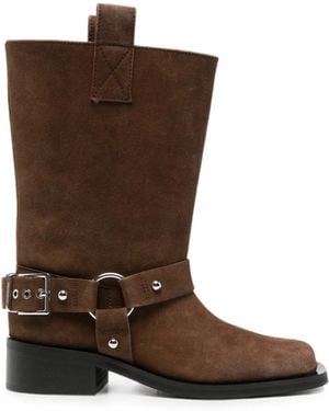 Ganni Buckle-Detail Biker Boots - Brown