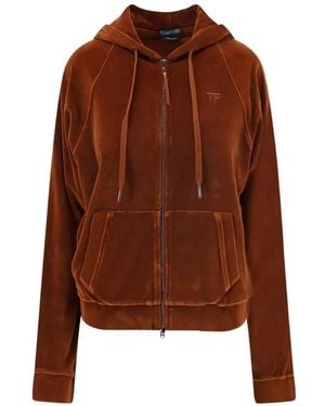 Tom Ford Stretch Cotton Velour Zip Hoodie With Tonal Tf Embroidered Logo - Brown