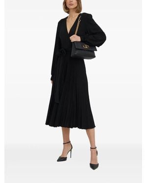 Nissa Puff-Sleeves Belted Midi Dress - Black
