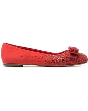 Ferragamo Vara-Bow Rhinestone-Embellished Ballerina Shoes - Red