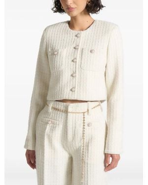 Manière De Voir Cropped Tweed Jacket With Pearls - White