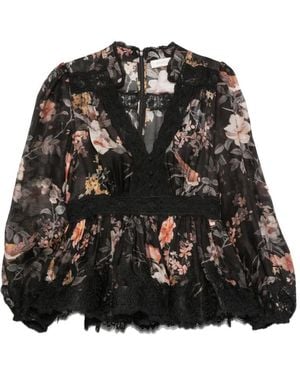 Zimmermann Blouse Carousel À Fleurs Et Bord En Dentelle - Black