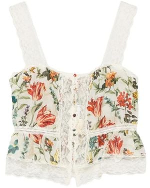 Alice + Olivia Floral-Print Lace-Trim Top - White