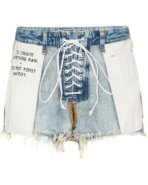 Unravel Project Distressed Reverse Lace Up Denim Shorts - Blue